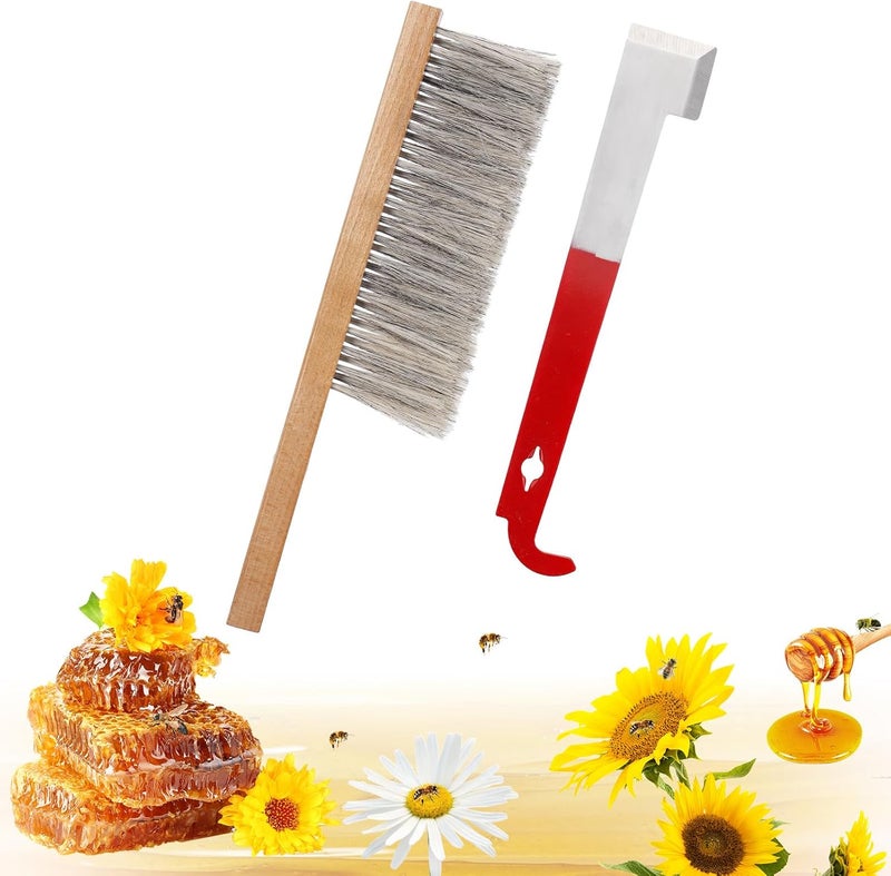Acostop Bee Hive Tool for Beekeeping - Stainless Steel J Hook & Natural Horsehair Bee Brush, Beehive Brush Bee Frame Lifter and Scraper Bee Keeping Starter Kit for Beekeepers - Image 1
